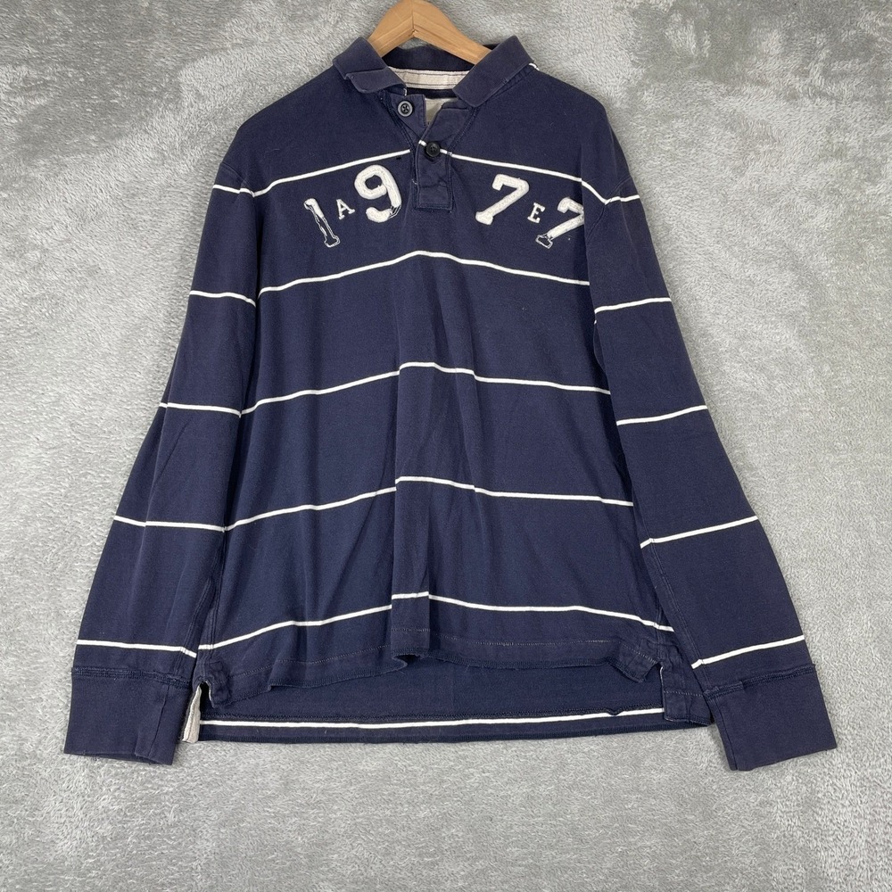 American Eagle Rugby Shirt Mens XL Blue Striped Embroidered Y2K Long Sleeve
